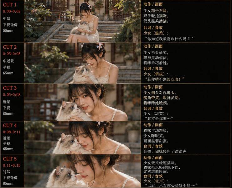 美女和猫故事提示词，人物一致性提示词 故事板